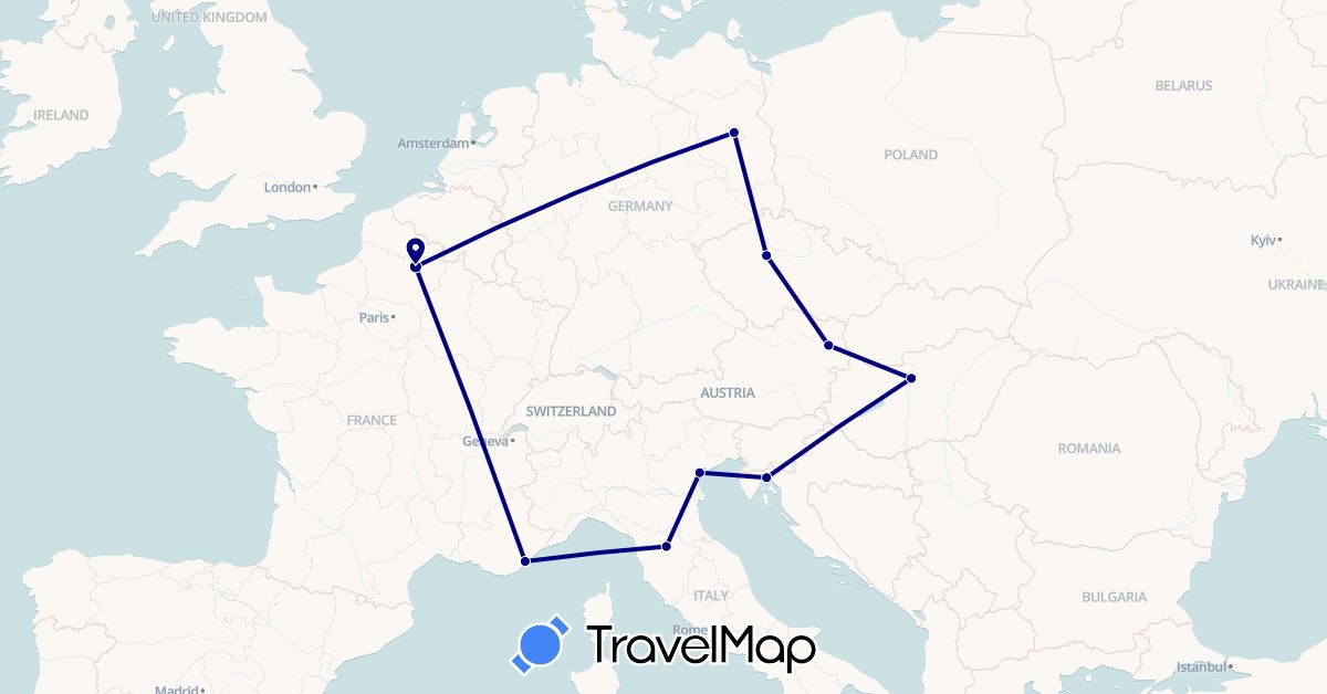 TravelMap itinerary: driving in Austria, Czech Republic, Germany, France, Croatia, Hungary, Italy (Europe)
